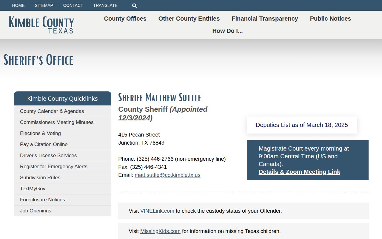 Kimble County 24-hour release record and sheriff contact page