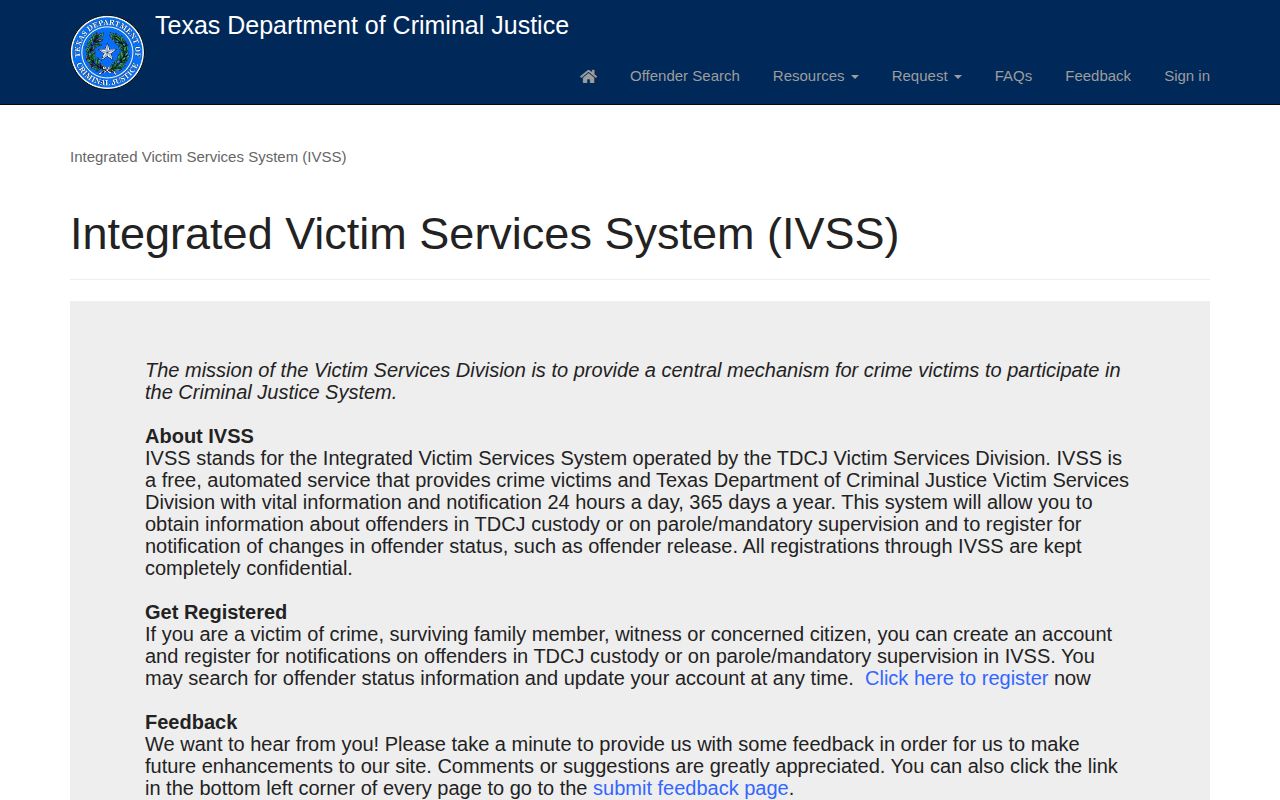 TDCJ IVSS prison and parole notification portal